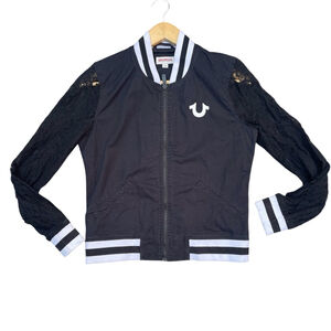 True Religion Black Varsity Jacket with Lace Sleeves World Tour S